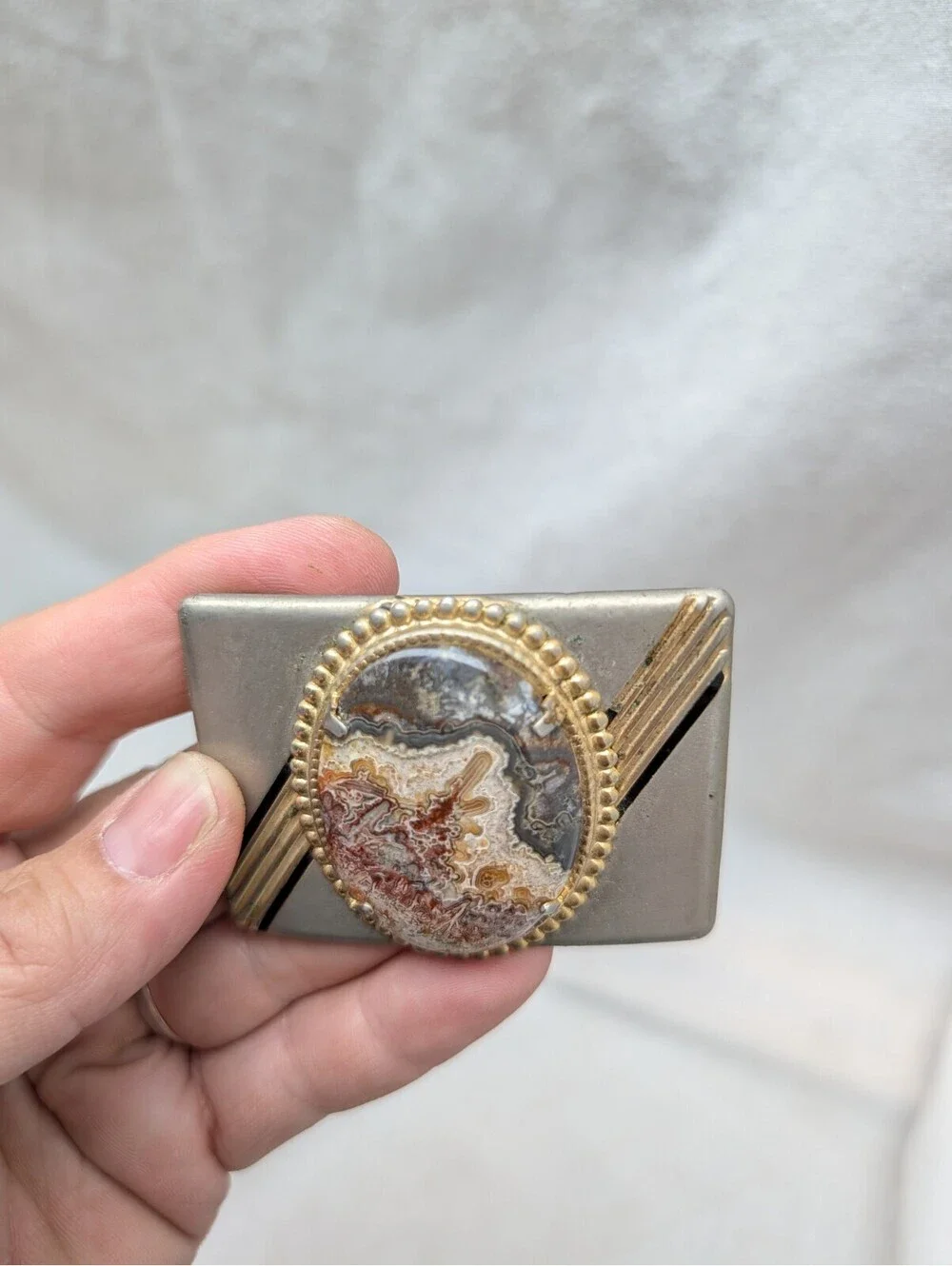 Unisex Belt Buckle, metal with a Brown & Cream-Colored Stone, 2 1/2